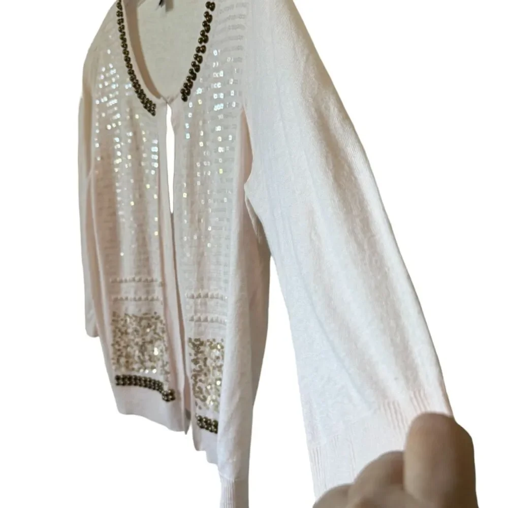 CHICO's Long Sleeve Cream Solid w/ Sequin Accents Stand-Up Collar Full Zip Sz 3